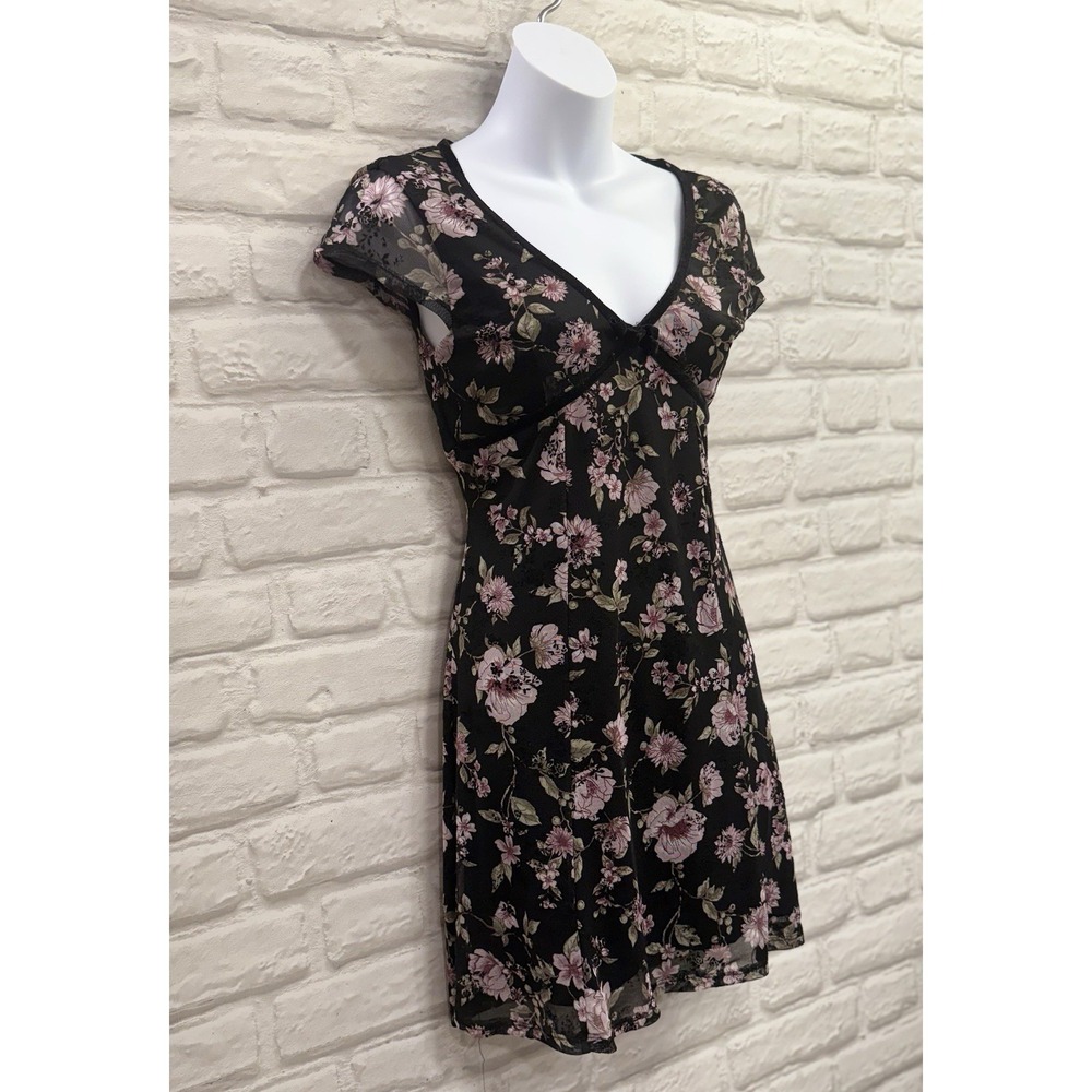 Planet Heart Y2K Black Floral Babydoll Slip Dress Sz Small Romantic Velvet Trim - Picture 4 of 15